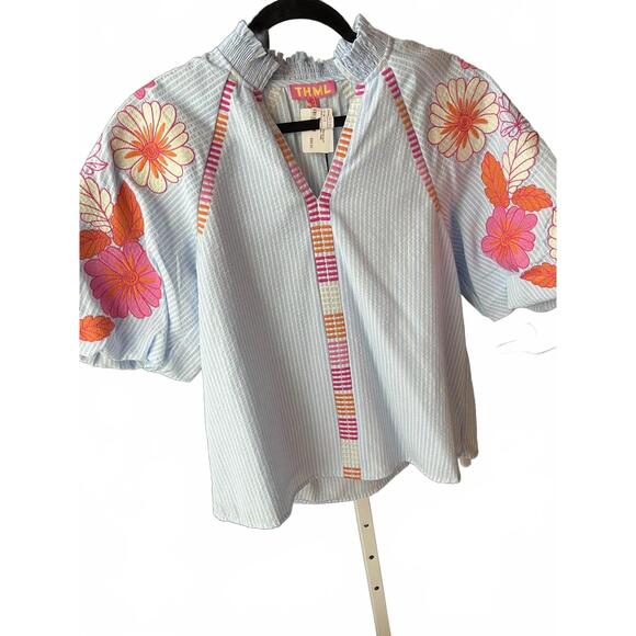 THML Tops - NEW THML women's striped top with embroidered puff sleeves in blue